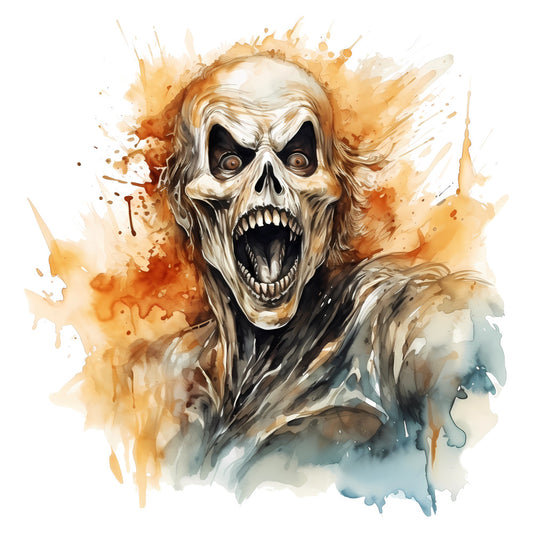 skull, skeleton, watercolor, abstract, halloween, spooky, horror, gothic, creepy, scary, orange, tan, cream, white, black, autumn, fall, bone, skeleton motif, watercolor splatter, expressionistic, dark theme, horror theme, wall hanging, art print, contemporary, moody, dramatic, horror quilt