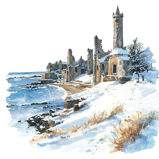 winter landscape, scottish castle, coastal ruins, snow covered, watercolor style, medieval architecture, stone tower, seaside scene, blue water, white snow, gray stone, bare trees, rocky coastline, ancient ruins, cold weather, fabric panel, quilting cotton, scenic print, historical building, winter seascape