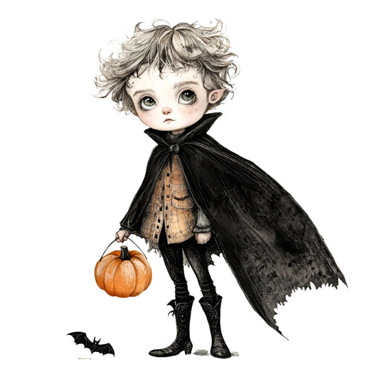 halloween, vampire, bat, pumpkin, black cape, gothic, whimsical, cute, children's, autumn, fall, spooky, dark, pointed ears, fantasy, character, illustration, charcoal gray, orange, cream, elegant, vintage inspired, trick or treat, costume, decorative panel, wall hanging, festive, seasonal, playful