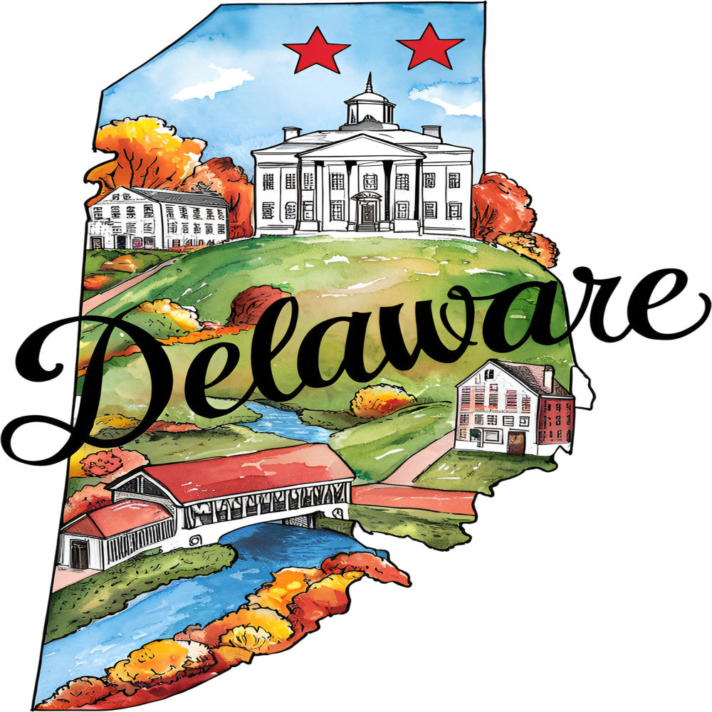 Classic US States Fabric Panel 21 featuring Delaware state shape and landmarks printed on premium quilting cotton fabric.