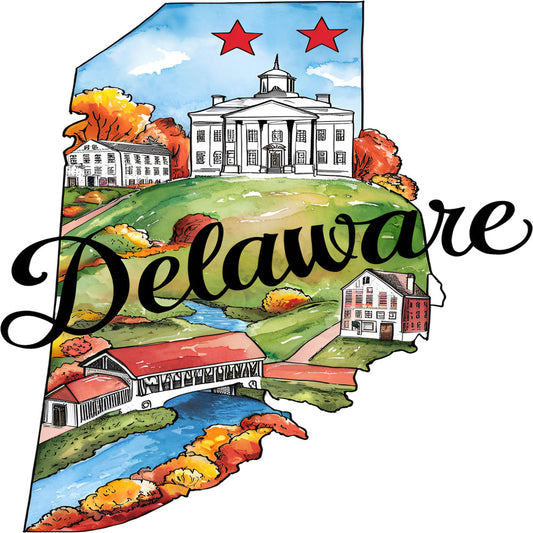 Classic US States Fabric Panel 21 featuring Delaware state shape and landmarks printed on premium quilting cotton fabric.