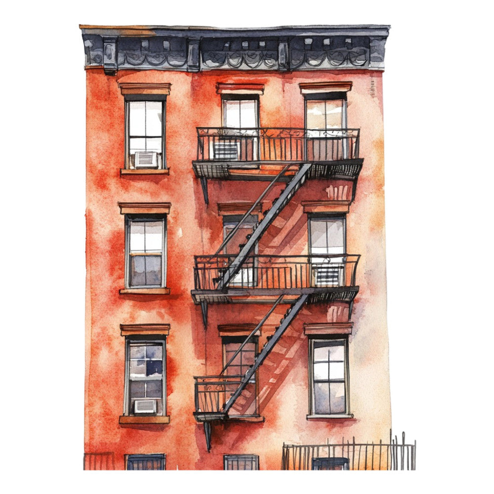 brick red, rust orange, terracotta, burnt orange, cream, beige, charcoal gray, architectural, cityscape, urban, building facade, fire escape, brownstone, new york, vintage architecture, retro, nostalgic, illustration, watercolor, detailed, realistic, modern industrial, rustic urban, structured, geometric, art deco, home decor, wall hanging, art print, interior design