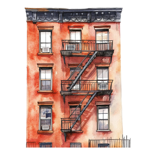 brick red, rust orange, terracotta, burnt orange, cream, beige, charcoal gray, architectural, cityscape, urban, building facade, fire escape, brownstone, new york, vintage architecture, retro, nostalgic, illustration, watercolor, detailed, realistic, modern industrial, rustic urban, structured, geometric, art deco, home decor, wall hanging, art print, interior design