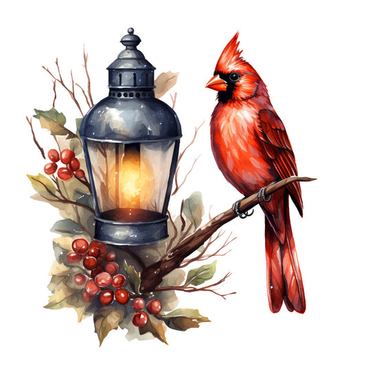 red cardinal, bright red, crimson, black lantern, warm yellow light, holly berries, winter branches, bare twigs, watercolor style, christmas theme, winter birds, fabric panel, quilting cotton, seasonal design, holiday motif, nature scene, bird illustration, festive colors, winter foliage, decorative panel