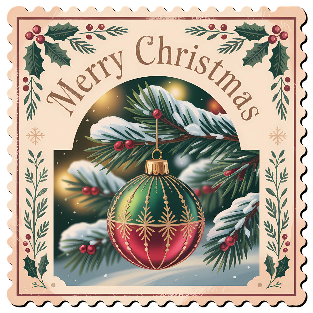Vintage Christmas Stamps Fabric Panel 28 featuring a vintage-style green and red ornament hanging on snowy pine branches with holly accents.