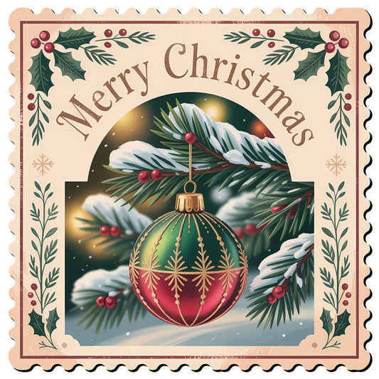 Vintage Christmas Stamps Fabric Panel 28 featuring a vintage-style green and red ornament hanging on snowy pine branches with holly accents.