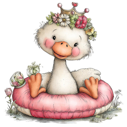 whimsical duck, cute animals, pastel colors, coral orange, dusty rose, cream white, soft pink, floral crown, daisies, wildflowers, botanical, spring, baby nursery, children's fabric, animal illustration, sweet character, playful, charming, nature theme, flower motif, garden, floating ring, pool party, summer, cute character panel, soft colors, vintage style, folk art, storybook, gentle illustration