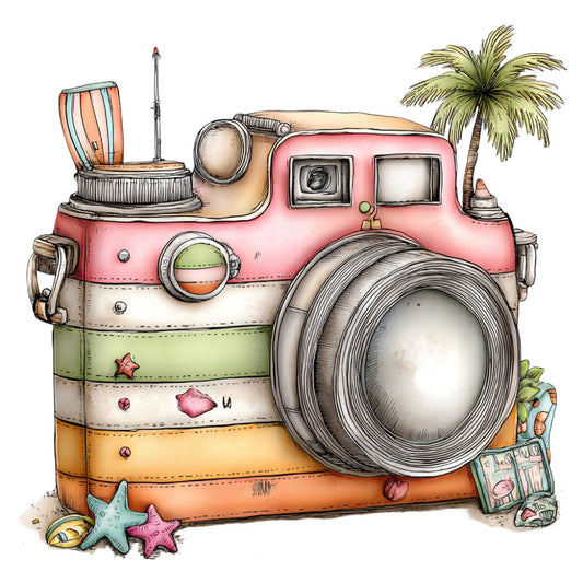 camera, vintage camera, travel themed, coral pink, mint green, cream, tan, orange, whimsical, retro, travel, adventure, suitcase, palm tree, starfish, seashell, beach themed, nautical, tropical, summer, vacation, passport, whimsy, playful, nostalgic, illustrated, decorative panel, travel memories, wanderlust, colorful stripes