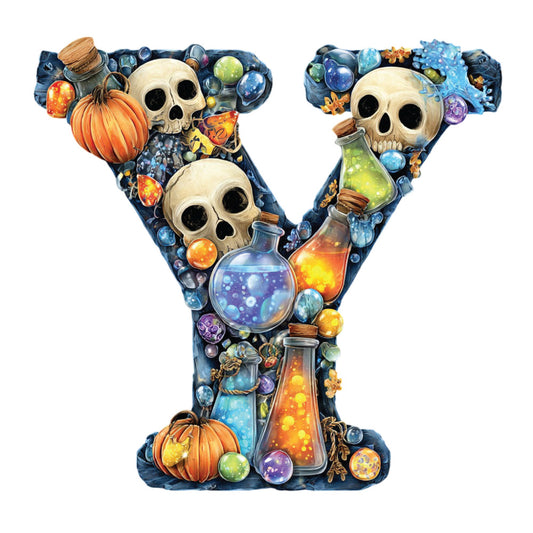 witches brew, halloween, skulls, potion bottles, magic, mystical, celestial, dark blue, navy, orange, purple, gold, glowing potions, spell bottles, crystals, gemstones, pumpkins, autumn, spooky, whimsical, dark academia, magical, enchanted, gothic, fall, decorative panel, wall hanging, novelty print, themed fabric, fantasy