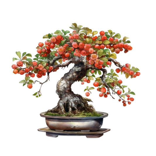 bonsai tree, fabric panel, botanical illustration, red berries, green leaves, twisted trunk, ceramic pot, watercolor style, nature motif, asian inspired, miniature tree, fruiting bonsai, artistic rendering, quilting cotton, craft fabric, serene mood, white background, decorative panel, gardening theme, zen aesthetic