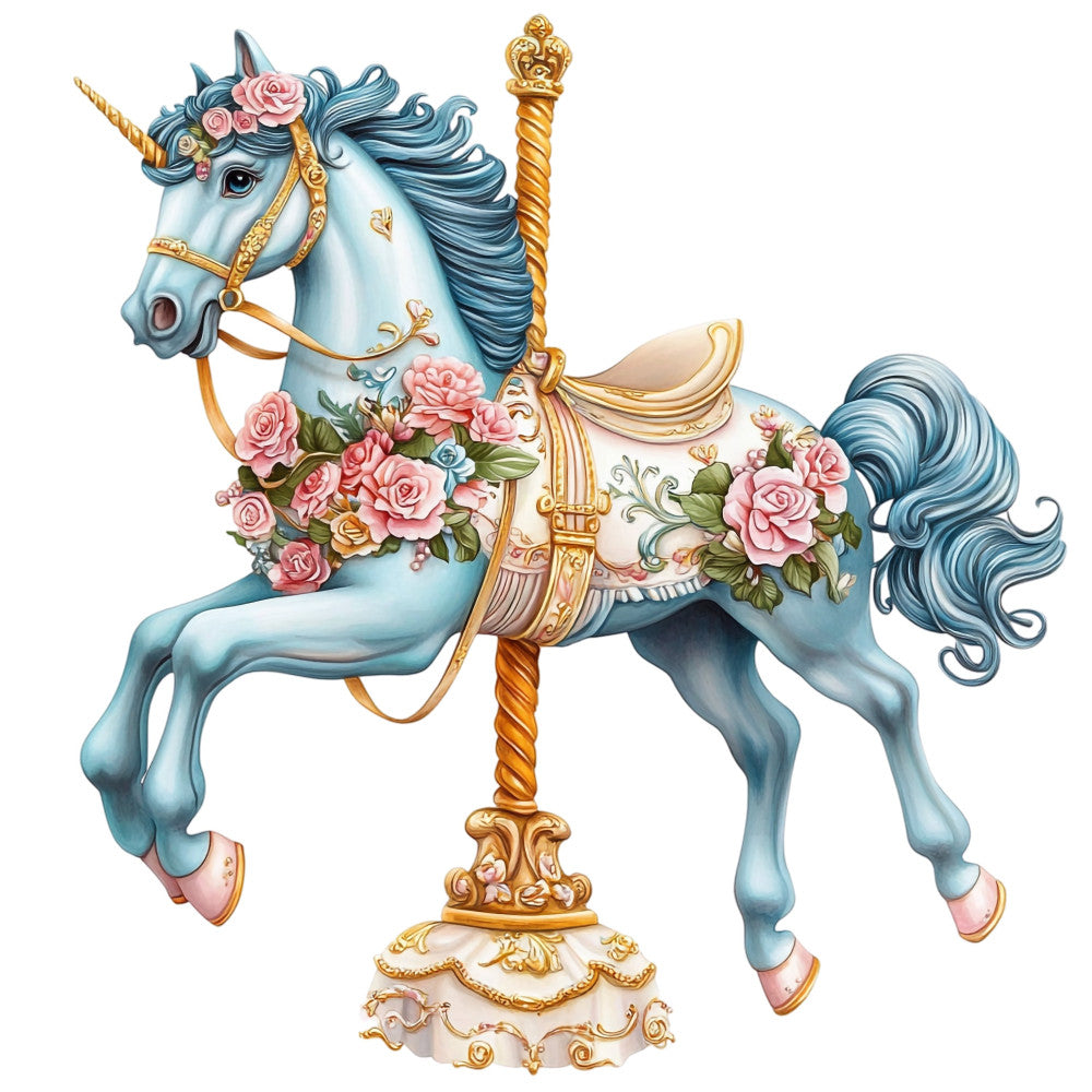 carousel unicorn, pastel blue, dusty rose, pink roses, gold accents, floral pattern, whimsical style, vintage carousel, fairy tale theme, romantic florals, ornate gold, elegant design, spring colors, magical creatures, unicorn motif, decorative horses, cream background, botanical flowers, traditional style, fairytale nursery, enchanted theme, girls bedding, princess theme, ornamental design, rose garland, soft pastels, vintage romantic, storybook theme, decorative panel, fantasy animals