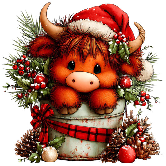 red, cream, forest green, burnt orange, burgundy, plaid, holiday, christmas, festive, animals, highland cow, whimsical, rustic, farmhouse, winter, festive decorations, berries, pine branches, holly, tartan, cute, cozy, traditional, seasonal, cottagecore, red plaid ribbon, snow, wintery, cheerful, scottish