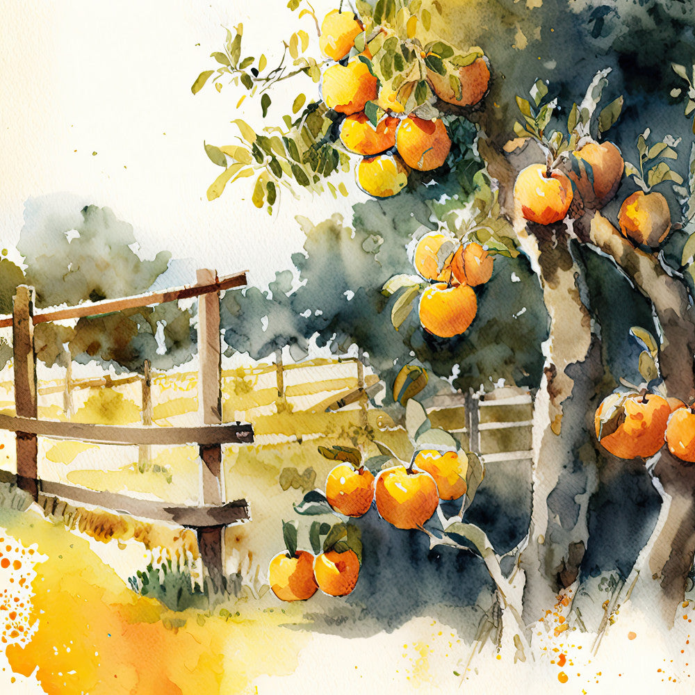 orchard, apples, fruit, watercolor, botanical, nature, farmhouse, rustic, harvest, autumn, fall, wooden fence, countryside, pastoral, cream, golden yellow, burnt orange, sage green, forest green, warm tones, artistic, painted, whimsical, vintage, traditional, scenic landscape, garden, trees, seasonal, cottagecore