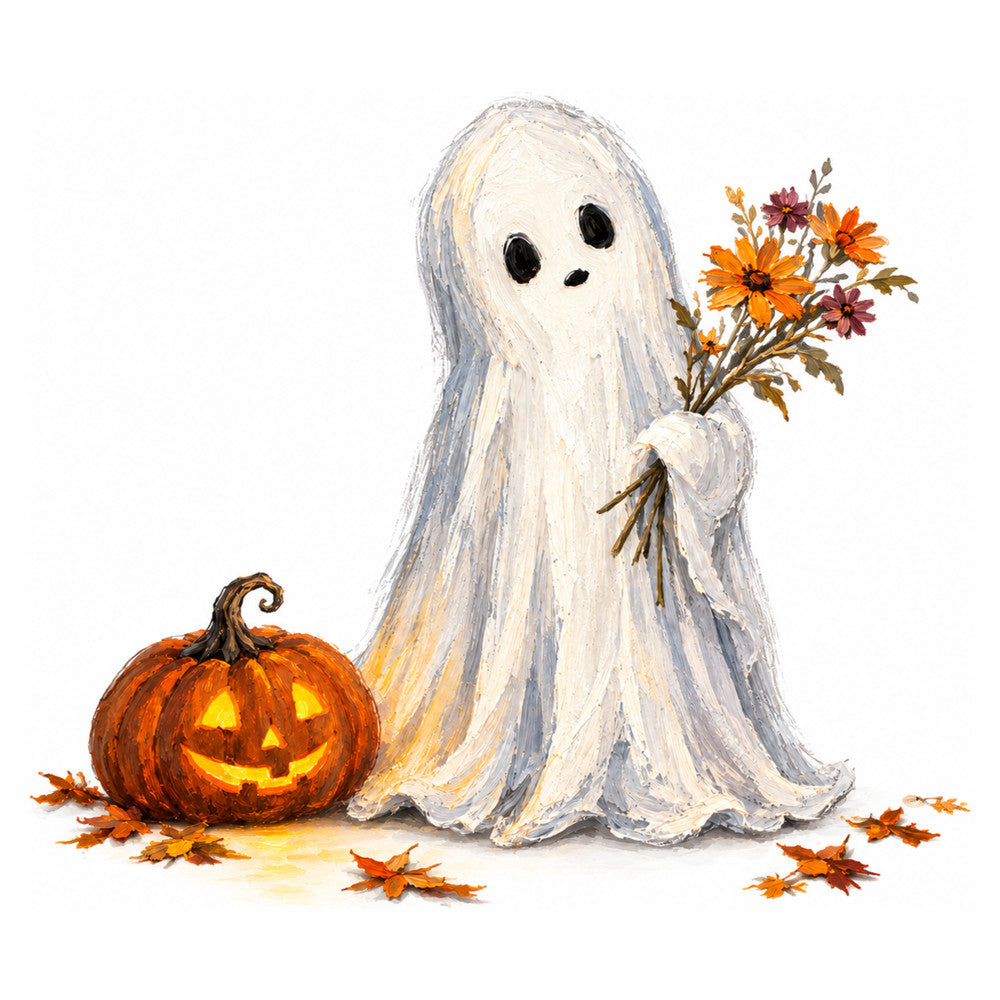 ghost, halloween, autumn, fall, pumpkin, jack-o-lantern, flowers, floral, bouquet, autumn leaves, orange, cream, white, ivory, beige, blue-gray, whimsical, spooky, holiday, festive, seasonal, cute, friendly, children's, kids, decorative, harvest, october, trick-or-treat, wall hanging