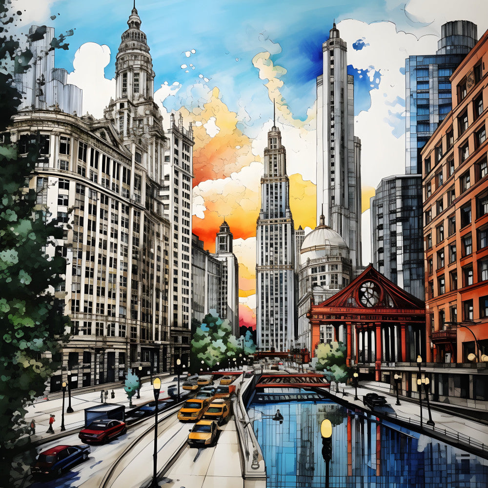 cityscape, urban, skyline, architectural, new york, chicago, downtown, buildings, skyscrapers, art deco, modern, contemporary, watercolor, illustrated, colorful, sunset, orange, yellow, blue, white, cream, red brick, green foliage, street scene, transportation, taxis, canal, bridge, home decor, wall art