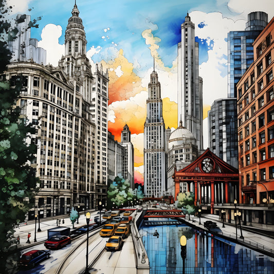 cityscape, urban, skyline, architectural, new york, chicago, downtown, buildings, skyscrapers, art deco, modern, contemporary, watercolor, illustrated, colorful, sunset, orange, yellow, blue, white, cream, red brick, green foliage, street scene, transportation, taxis, canal, bridge, home decor, wall art