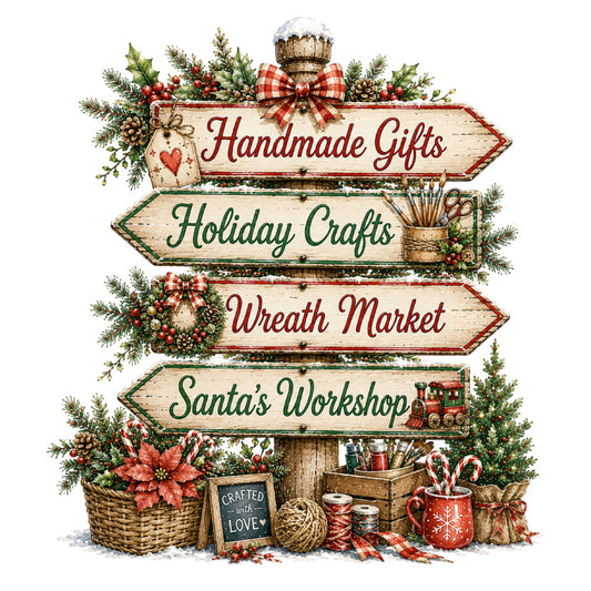 christmas, holiday, handmade, crafts, rustic, farmhouse, vintage, red, cream, green, gold, plaid, checkered, wreaths, poinsettias, candy canes, pine branches, berries, holly, decorative signs, directional, whimsical, festive, traditional, winter, craft supplies, basket, seasonal, arrows, text elements