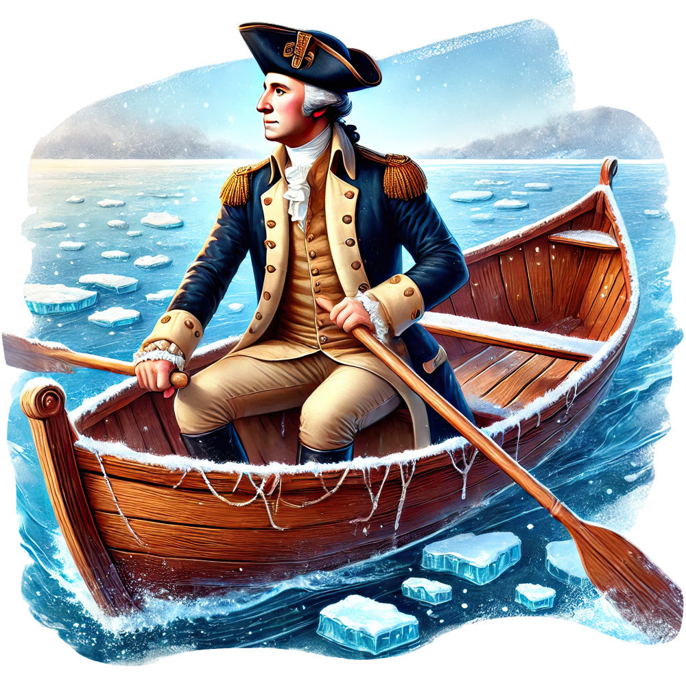 colonial officer, rowing boat, icy waters, ice floes, naval uniform, tricorn hat, blue coat, gold trim, brass buttons, wooden rowboat, winter scene, maritime adventure, 18th century, military figure, frozen sea, oars, powdered wig, fabric panel, quilting cotton, historical scene