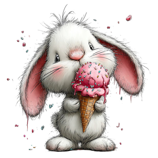 cute bunny, rabbit, ice cream cone, pink, white, coral pink, dusty rose, whimsical, children, kids, baby, animals, sweet treats, dessert, sprinkles, colorful, playful, illustration, character, themed, spring, summer, nursery, baby quilt, wall hanging, adorable, storybook, kawaii, fantasy, magical