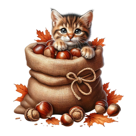 autumn, fall, kitten, cat, tabby cat, orange tabby, brown, rust, burnt orange, cream, tan, burlap, natural, rustic, whimsical, cute, animals, apples, acorns, maple leaves, harvest, cozy, farmhouse, woodland, nature, seasonal, thanksgiving, autumn harvest, children's, playful