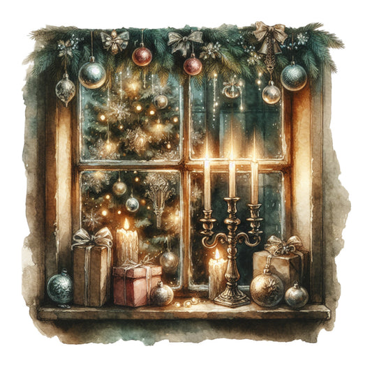 fabric panel, vintage christmas, window scene, evergreen garland, ornaments, candles, candlestick, gift boxes, warm lighting, golden glow, silver baubles, copper ornaments, pine branches, bows, ribbons, cozy atmosphere, holiday decorations, quilting cotton, festive panel, winter scene