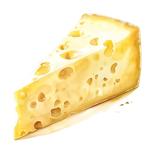 cheese, swiss cheese, emmental, food, cream yellow, golden yellow, pale yellow, butter yellow, holes, whimsical, playful, novelty, cute, kitchen, farmhouse, food themed, cheese wedge, culinary, cooking, food illustration, gouache, watercolor style, humorous, fun, children's, kitchen decor, food lovers, culinary themed, realistic illustration