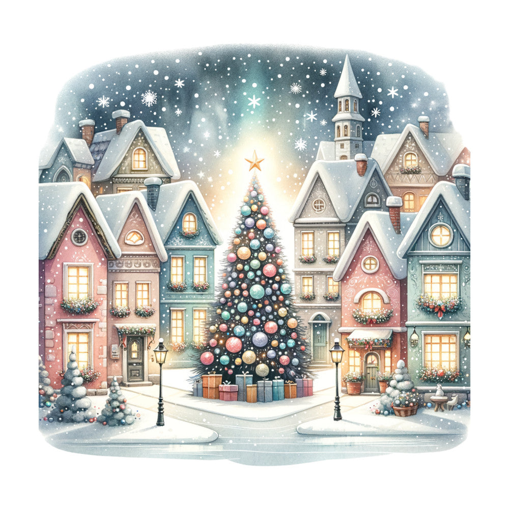 winter village, christmas, holiday, snow, snowy, festive, houses, church, steeple, christmas tree, ornaments, gifts, presents, gold, cream, dusty rose, pink, sage green, teal, navy, winter, seasonal, whimsical, nostalgic, vintage, storybook, charming, cozy, decorative, illustration style