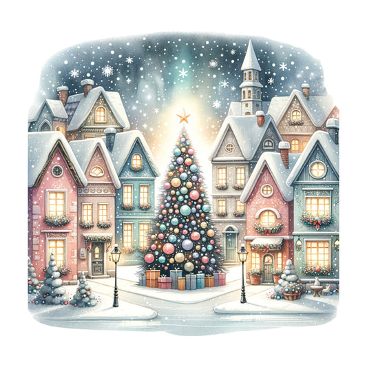 winter village, christmas, holiday, snow, snowy, festive, houses, church, steeple, christmas tree, ornaments, gifts, presents, gold, cream, dusty rose, pink, sage green, teal, navy, winter, seasonal, whimsical, nostalgic, vintage, storybook, charming, cozy, decorative, illustration style
