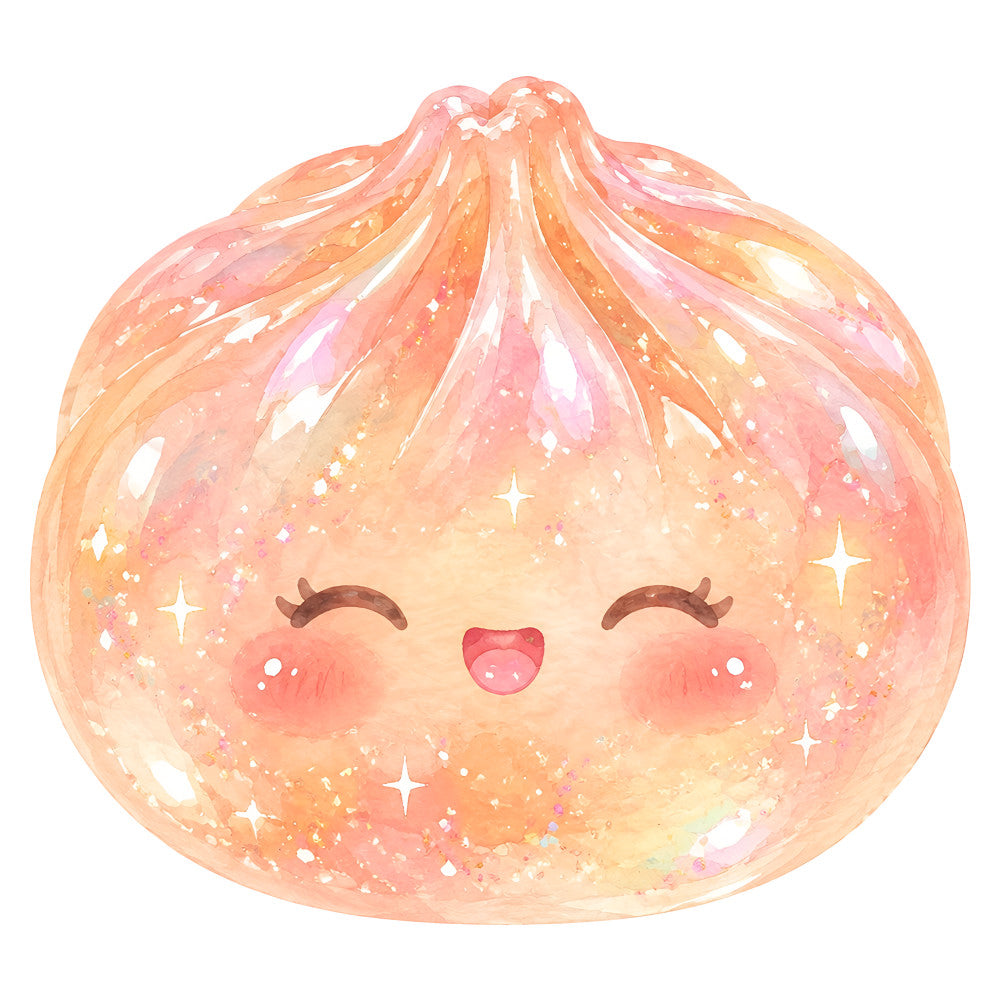 peach, coral pink, rose gold, cream, blush, sparkly, glitter, cute character, kawaii, happy face, closed eyes, rosy cheeks, smiling mouth, whimsical, magical, fantasy, celestial, stars, shine, glowing, translucent, pastel, soft, dreamy, cheerful, children, kids, baby, nursery, panel print