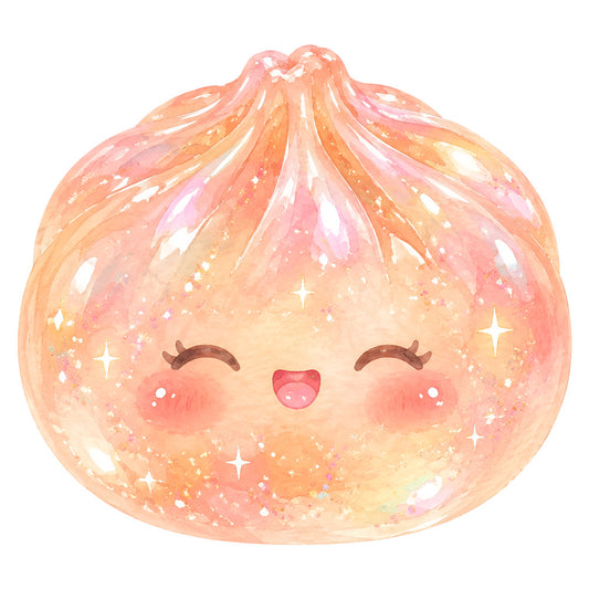 peach, coral pink, rose gold, cream, blush, sparkly, glitter, cute character, kawaii, happy face, closed eyes, rosy cheeks, smiling mouth, whimsical, magical, fantasy, celestial, stars, shine, glowing, translucent, pastel, soft, dreamy, cheerful, children, kids, baby, nursery, panel print