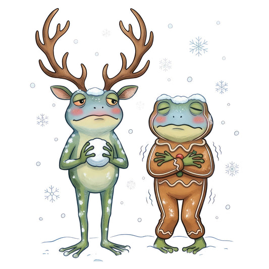 winter, holiday, christmas, frogs, amphibians, gingerbread, whimsical, cute, charming, snow, snowflakes, sage green, cream, gingerbread brown, red cheeks, festive, humorous, quirky, animals, nature, seasonal, children, novelty, fantasy, playful, modern whimsical, winter wonderland, cold weather, cozy, decorative