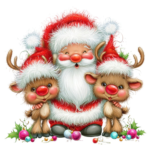 santa claus, reindeer, christmas, holiday, festive, whimsical, cute, red and white, cream, brown, jolly, decorative ornaments, baubles, holly, winter, children's, playful, vintage christmas, traditional, cheerful, friendly faces, gift-giving, seasonal, nostalgic, magic, joy, celebration