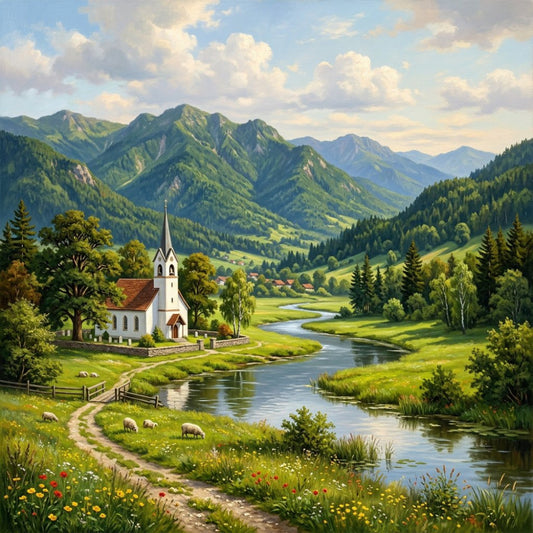 alpine landscape, white church, mountain scenery, pastoral scene, countryside, green valleys, forest green, sky blue, cream white, meadow, wildflowers, rolling hills, river landscape, traditional European, rustic charm, farmhouse style, scenic vista, nature themed, sheep grazing, coniferous trees, spring pastoral, summer landscape, peaceful setting, rural village, architectural elements, steeple, scenic panel, landscape art, serene countryside, cottage core