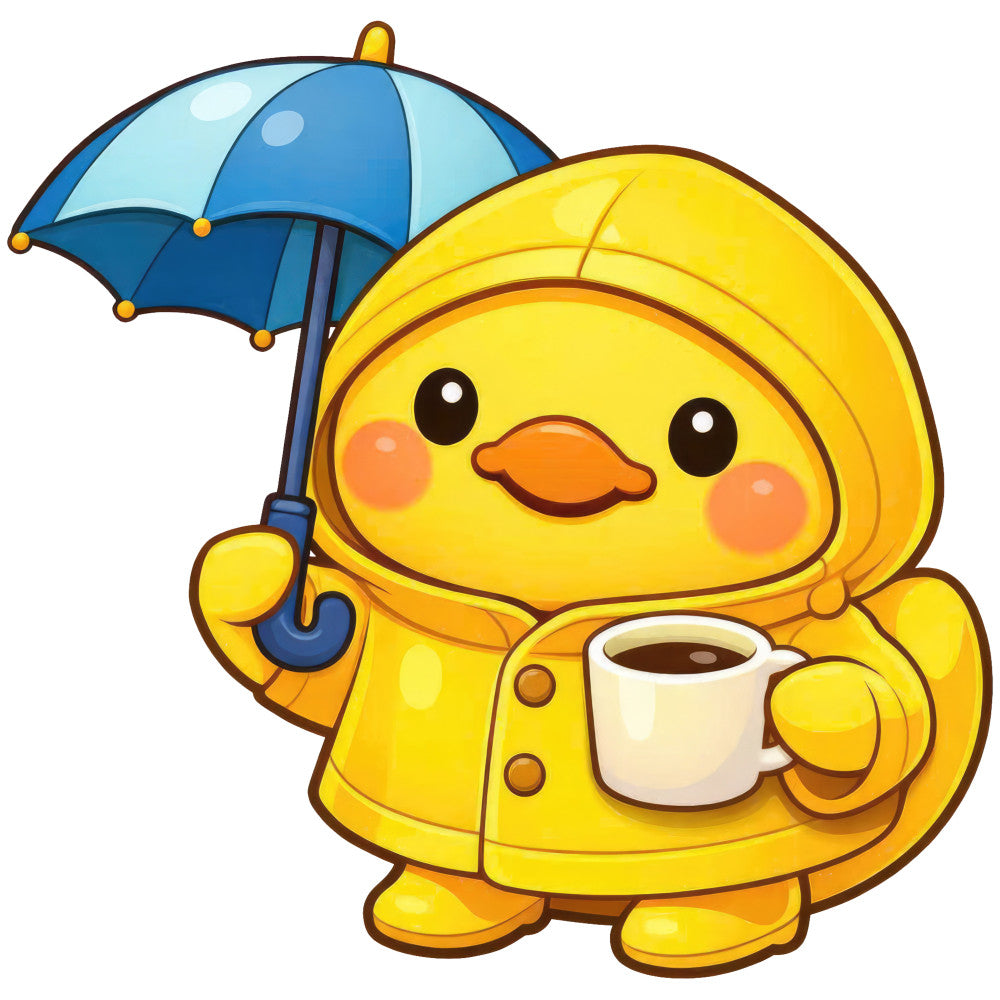 cute duck, yellow, bright yellow, golden yellow, navy blue, light blue, orange, rainy day, umbrella, raincoat, coffee cup, kawaii, whimsical, character fabric, children's, baby, animal, bird, cute animals, rainy season, spring, summer, cheerful, playful, sweet, gentle, adorable, weather themed, cozy, hot beverage