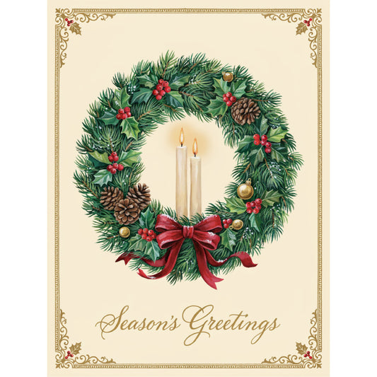 christmas, holiday, wreath, season's greetings, festive, traditional, elegant, vintage, evergreen, pine, holly, red berries, gold accents, pinecones, candles, red ribbon, bow, cream, forest green, deep green, gold ornaments, pearl accents, winter, classic, decorative border, nature, botanical, timeless, formal
