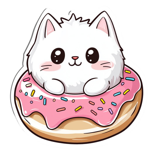 cute cat, white kitten, pink frosting, donut, sprinkles, kawaii, whimsical, playful, colorful sprinkles, candy themed, dessert, food themed, pink glaze, brown donut, pastel pink, white cat, big eyes, cheerful, children's, novelty, sweet treats, bakery, fun print, illustration style, animal character, fantasy, imaginative, youth friendly