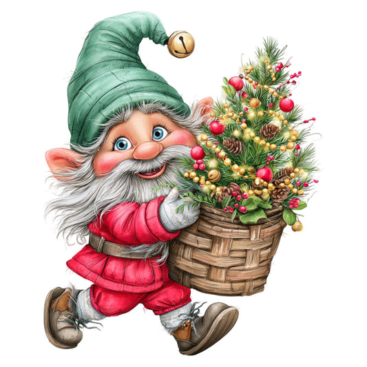 gnome, christmas, holiday, festive, whimsical, red, green, gold, cream, basket, pine tree, ornaments, berries, pinecones, jolly, vintage, traditional, winter, seasonal, decorative, cheerful, cute, charming, rustic, folk art, magical, nostalgia, evergreen, bells, red suit