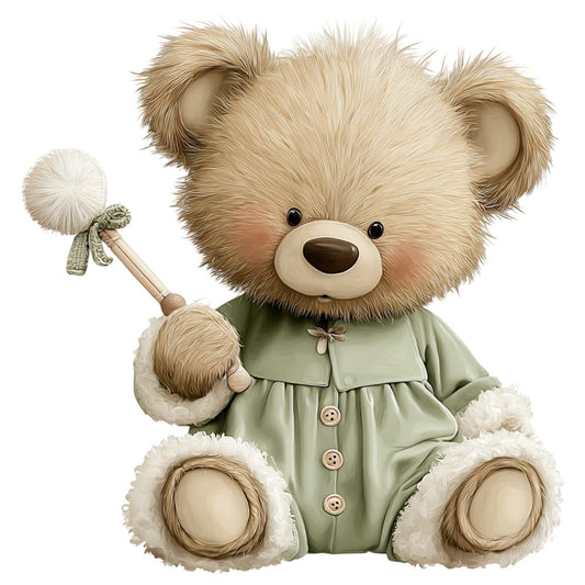 teddy bear, sage green, cream, tan, beige, cute animals, children's, whimsical, vintage style, nursery, baby quilt, stuffed animal, adorable, gentle, soft colors, pastel, classic teddy bear, illustration, storybook, sweet, charming, child-friendly, playful, traditional style, decorative panel, wall hanging, baby bedding, neutral colors, woodland creatures