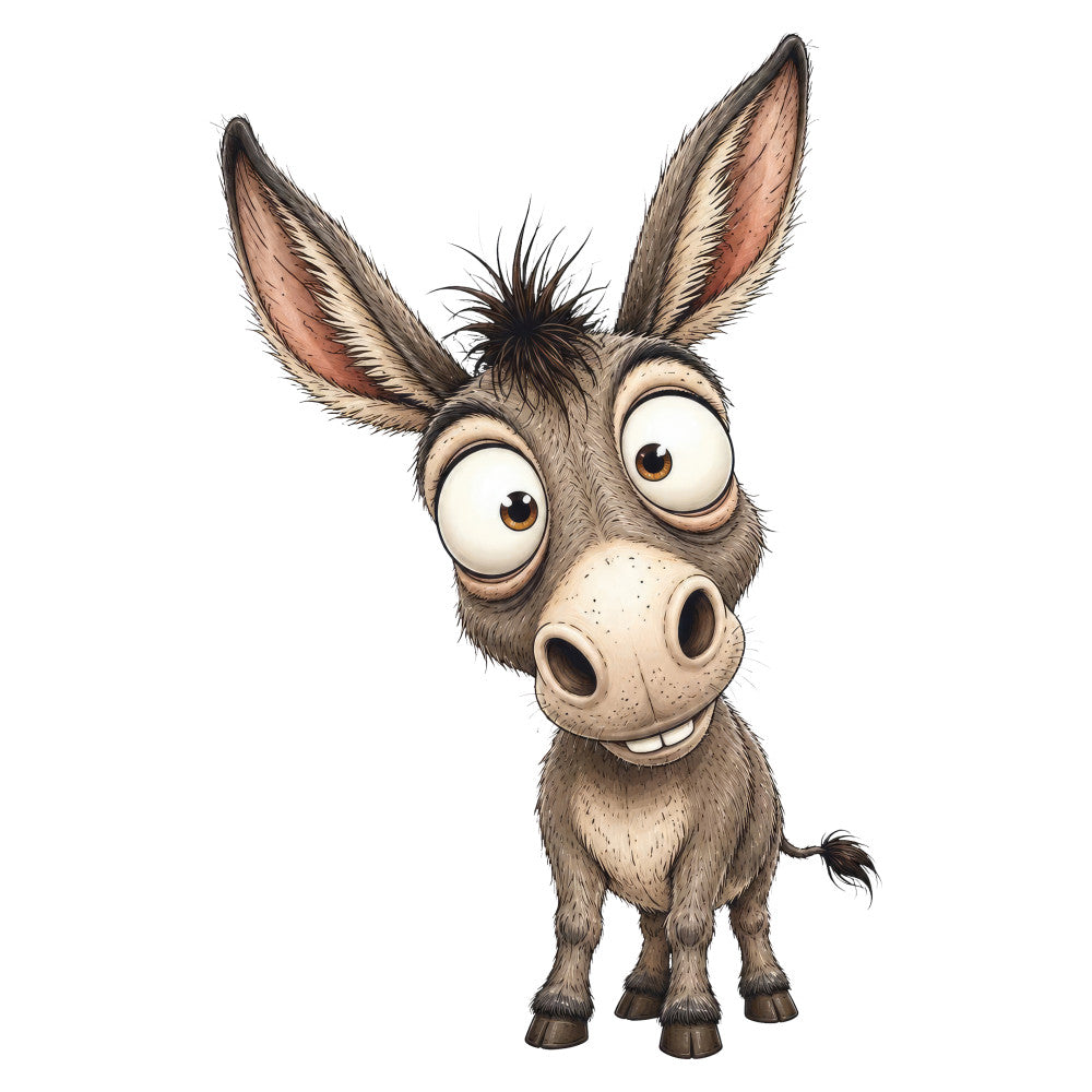 donkey, cartoon, whimsical, animals, farm animals, character, children's, cute, humorous, funny, brown, tan, cream, beige, ochre, expressive eyes, playful, cheerful, kids fabric, nursery, baby quilt, wall hanging, character panel, animated style, silly, goofy, quirky, contemporary, illustrative