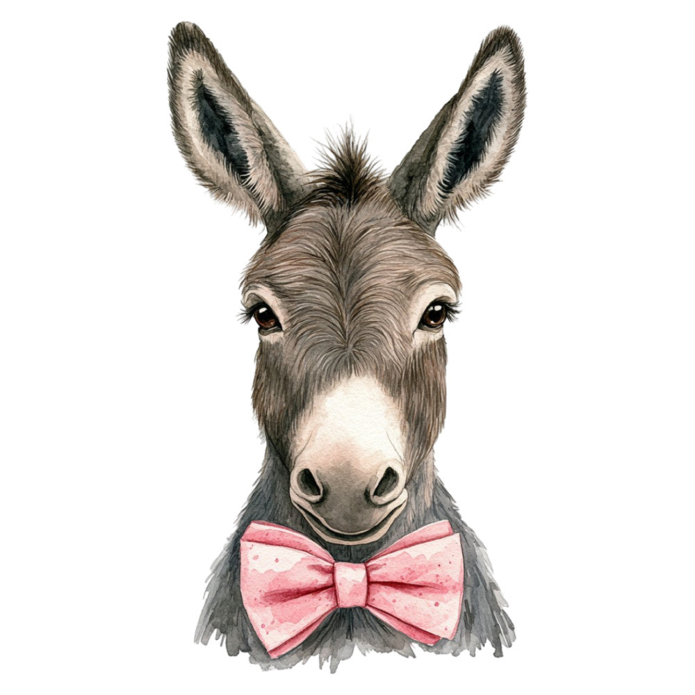 donkey, animal, bow tie, pink bow, rose pink, gray, charcoal gray, cream, whimsical, cute, sweet, portrait, face, nursery, baby, children, farmhouse, rustic, elegant, decorative, wall art, panel print, spring, summer, gentle, friendly, charming, illustration style, watercolor effect