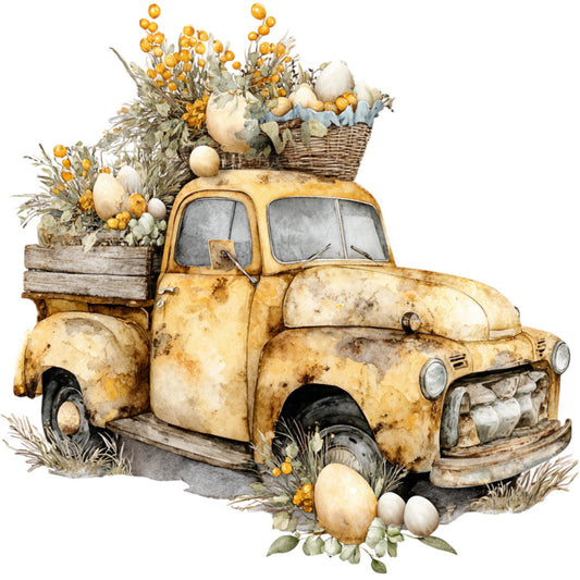 vintage truck, rustic, farmhouse, easter, spring, cream, beige, tan, golden yellow, ochre, white, brown, muted colors, neutral tones, pastoral, country, whimsical, easter eggs, dried flowers, floral, botanical, eggs, vintage vehicle, nostalgic, cottage core, folk art, watercolor style, nature inspired, home decor, wall hanging