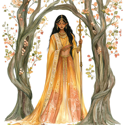 golden yellow, burnt orange, coral pink, sage green, tan, cream, nature-inspired, trees, floral, botanical, figure illustration, fantasy, elegant, whimsical, bohemian, indian-inspired, traditional dress, ornamental, decorative, autumn tones, warm colors, figure panel, portrait, woman illustration, ethnic fashion, embellished, ornate, celestial inspired, storybook, timeless