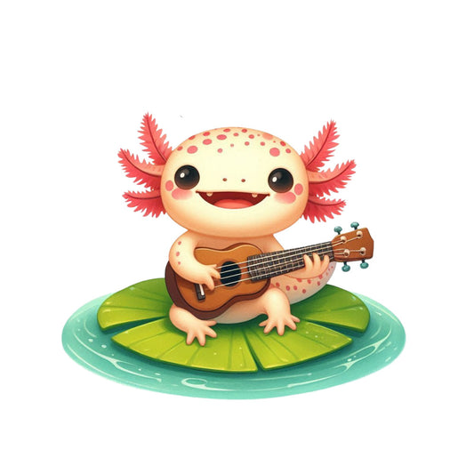 cute axolotl, cartoon animal, pink gills, peach colored, coral spots, ukulele music, lily pad, aquatic scene, turquoise water, green leaf, smiling character, kawaii style, cheerful mood, fabric panel, quilting cotton, amphibian design, musical theme, whimsical illustration, soft pastels, children's fabric