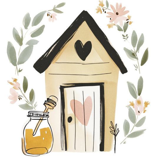 cream, black, sage green, dusty rose, golden yellow, heart, flowers, floral, botanical, leaves, cottage core, whimsical, modern farmhouse, nature, home decor, spring, sweet, charming, decorative house, door, window, honey jar, rustic, hand-drawn, illustrative, folk art, vintage cottage, soft, pastel, gingham style