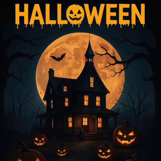 halloween, spooky, haunted house, jack-o'-lantern, pumpkin, orange, black, dark teal, full moon, bat, bare branches, scary, eerie, gothic, autumn, fall, holiday, trick-or-treat, october, creepy, atmospheric, nighttime, whimsical, nostalgic, vintage halloween, wall hanging, home decor, festive, witchy, supernatural