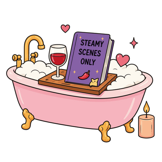 pink, coral pink, purple, gold, cream, white, bathtub, book, wine glass, hearts, stars, candle, spa, relaxation, self-care, whimsical, playful, romantic, humorous, adult humor, wine lover, book lover, novelty, fun, quirky, decorative, cozy, leisure, indulgent, bath time theme