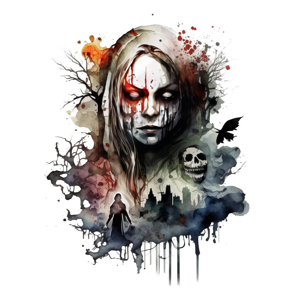 dark red, blood red, cream, charcoal gray, black, white, burgundy, deep purple, orange, gothic, horror, skull, skeleton, bare branches, dead tree, dark castle, haunted, spooky, eerie, macabre, dark fantasy, halloween, autumn, sinister, grunge, watercolor effect, splatter, dripping paint, mysterious, moody