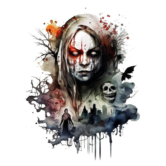 dark red, blood red, cream, charcoal gray, black, white, burgundy, deep purple, orange, gothic, horror, skull, skeleton, bare branches, dead tree, dark castle, haunted, spooky, eerie, macabre, dark fantasy, halloween, autumn, sinister, grunge, watercolor effect, splatter, dripping paint, mysterious, moody