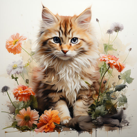 Watercolor Cats with Flowers Fabric Panel 10 featuring a detailed painting of a fluffy kitten surrounded by colorful flowers.