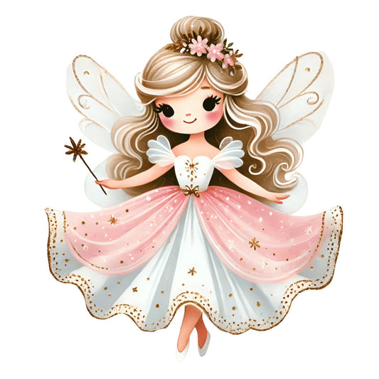 fairy, fairy tale, magical, whimsical, fantasy, girl, angel wings, wings, wand, magic wand, stars, sparkles, flowers, floral, pink, rose pink, blush pink, white, cream, gold, bronze, brown, blonde hair, long hair, bun, flower crown, delicate, elegant, dreamy, storybook